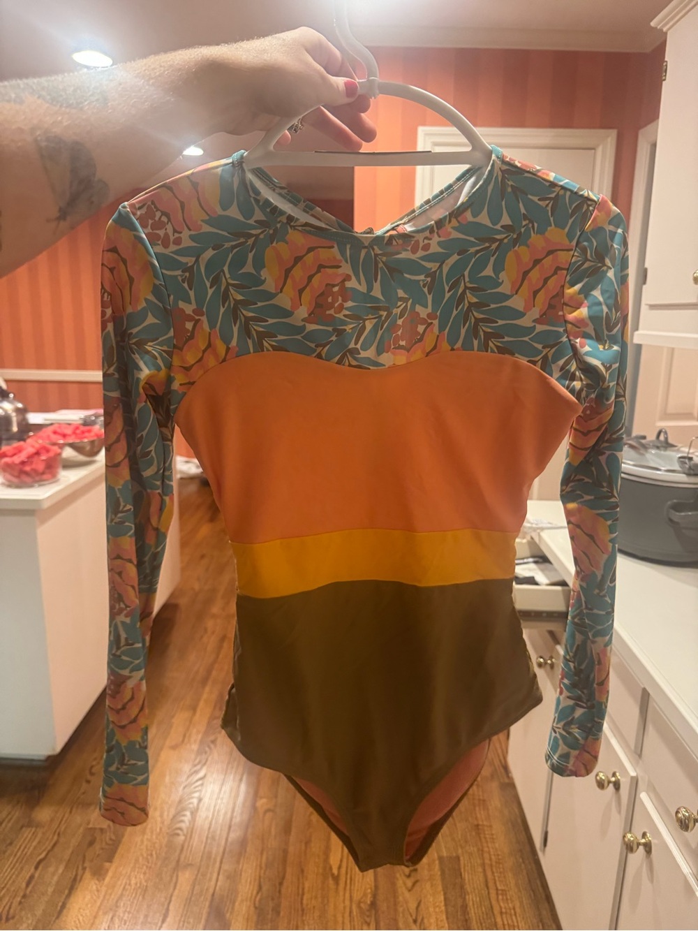 Long Sleeve Colorblock Floral One-Piece Swimsuit - Coral, Yellow, Olive, Teal